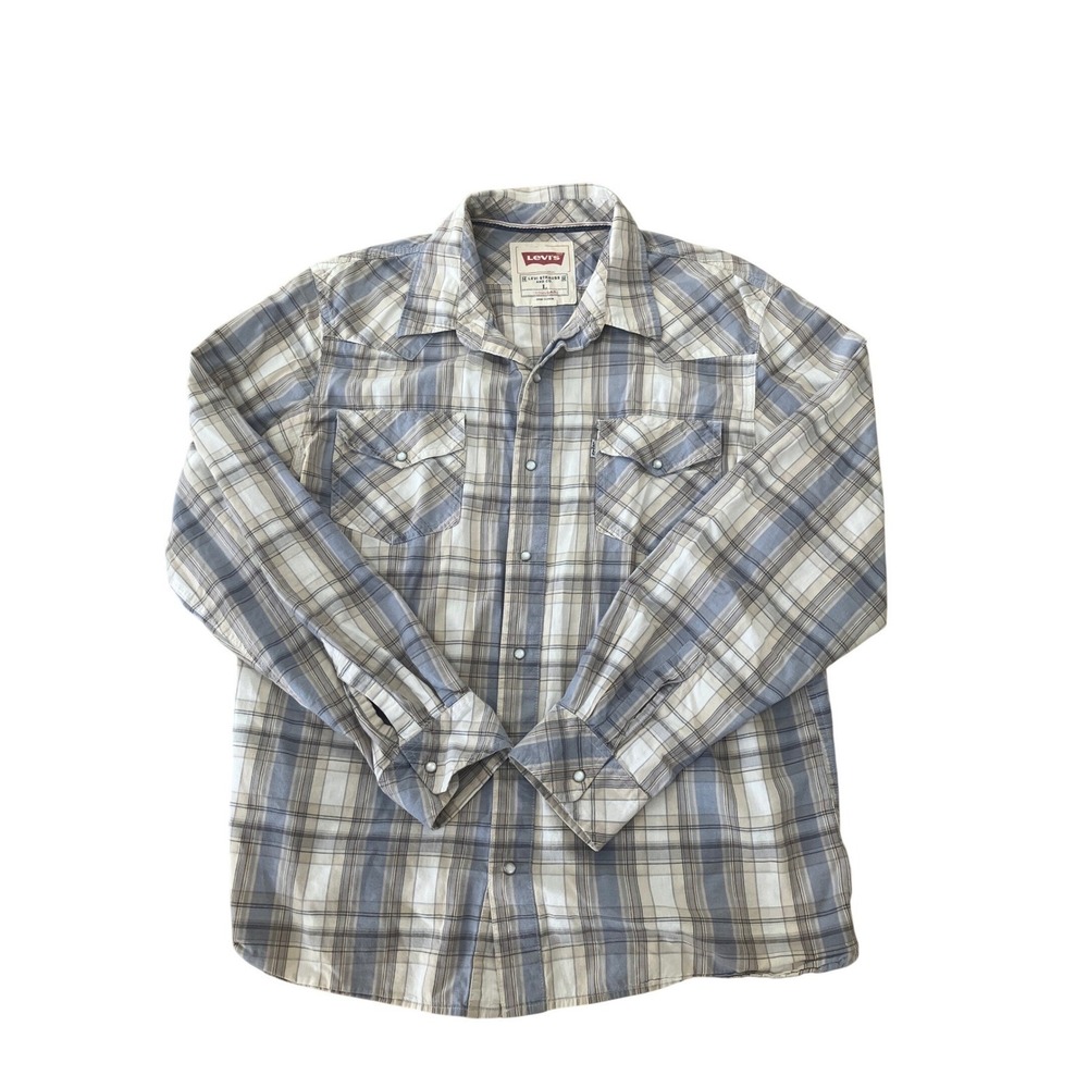 Levis Plaid Snap‎ Button Western Shirt Blue Tan White Long Sleeve Mens L Regular